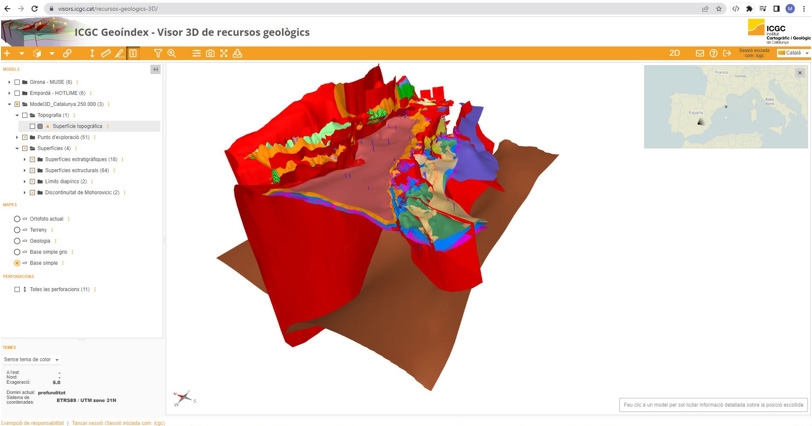 Vista del modelo de superficies geológicas en 3D de Cataluña