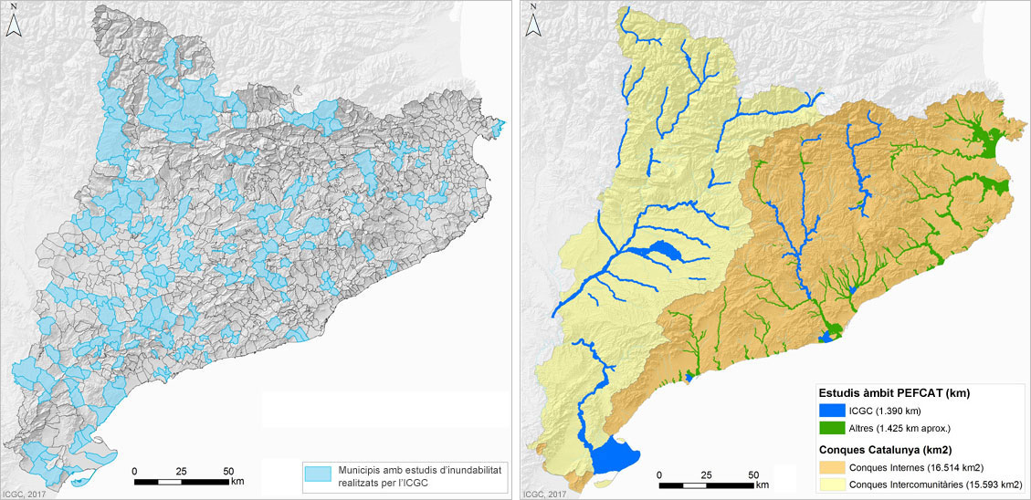 Figura esquerra: 215 estudis d'inundabilitat municipal. Figura dreta: 2878 Km de cursos modelitzats. Agost 2017.