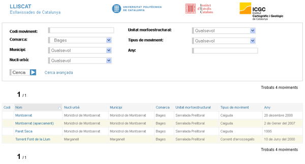 Interfície de cerca/consulta de LLISCAT amb el filtratge de la comarca del Bages