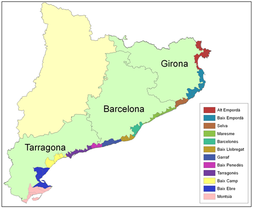Ámbito geográfico del estudio. Províncias y comarcas con fachada marítima en Cataluña