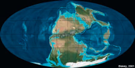 Figura 4: La configuració de la Terra ara fa 280 Ma: un supercontinent mundial, Pangea, i un oceà global, Pantalassa.
