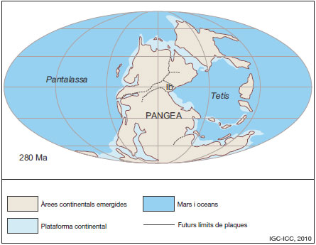 Figura 5: Restitució de Pangea, amb les terres emergides, les plataformes continentals i la distribució de les mars i els oceans. Hi són indicats els futurs límits de plaques i la posició de la futura Placa Ibèrica (Ib).