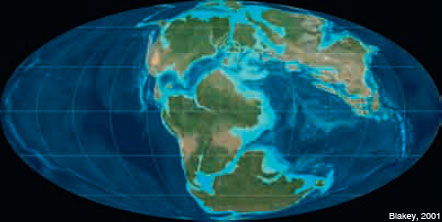 Figure 6: The configuration of the Earth 150 Ma ago, at the end of the Jurassic. The outline of the North American Plate and the western coast of Africa, separated by the central Atlantic and the Iberian Plate can be recognized.