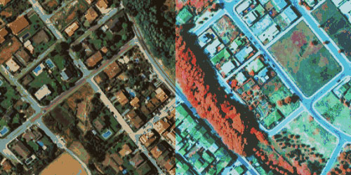 Comparació d'una zona en una fotografia aèria en l'espectre visible i una altra en l'infraroig proper.