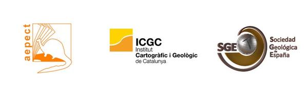 Logos de les tres entitats organitzadores: AEPECT, ICGC i Sociedad Española de Geología