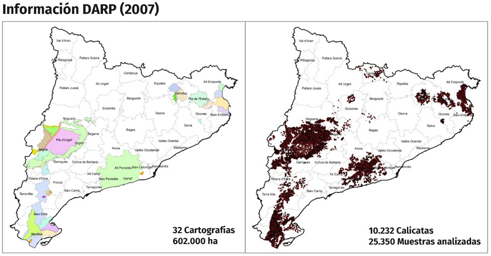 Información DARP (2007): 32 cartografías, 602.000 ha, 10.232 calicatas y 23.350 muestras analizadas