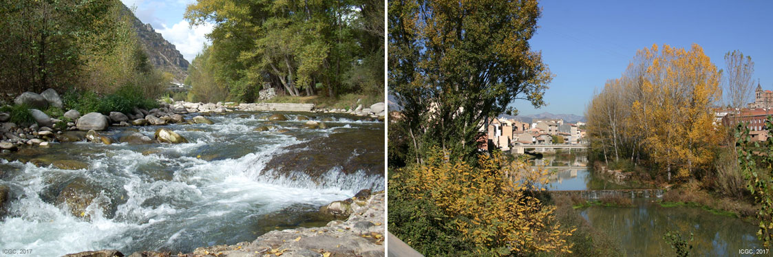 Exemples d’àmbits d’estudi. Esquerra, tram alt de la Noguera Ribagorçana (2008), i Dreta, riu Llobregat, al seu pas per Gironella (2006)