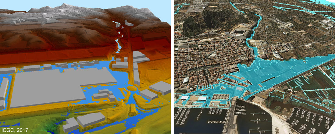 Zones inundables en un polígon industrial del Baix Llobregat (esquerra) i en un sector de Sant Carles de la Ràpita (dreta)