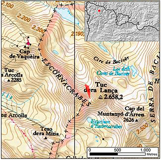 Mapa general de situació de l'allau. Val d'Aran (Pirineu occidental de Catalunya).