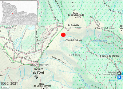 Ubicació del punt de l’accident (marcat en vermell) (Pallars Sobirà, Pirineu occidenta de Catalunya)