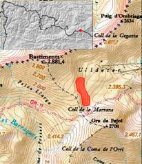 En rojo se indica la zona donde se desencadenó el alud. Ripollés (Pirineo oriental de Cataluña).