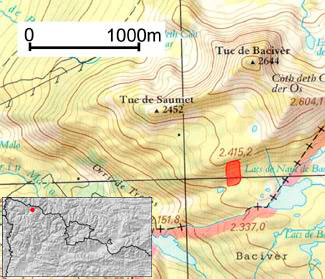 S'indica la zona on es va desencadenar l'allau. Val d'Aran (Pirineu occidental de Catalunya)