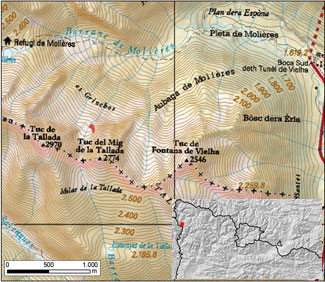 Mapa general de situació de l'allau. Cara sur del Túnel de Vielha, Val d'Aran (Pirineu occidental de Catalunya).