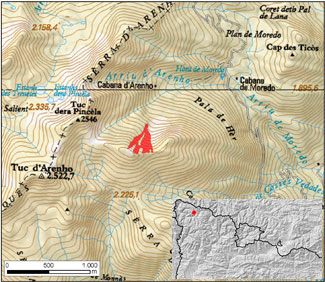 Mapa general de situació de l'allau. Vall d'Aran (Pirineu Occidental de Catalunya)