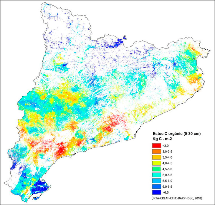 Figura 1. Mapa d’estocs de carboni orgànic en els 30 cm superficials dels sòls agrícoles de Catalunya (IRTA-CREAF-CTFC-DARP-ICGC, 2018)
