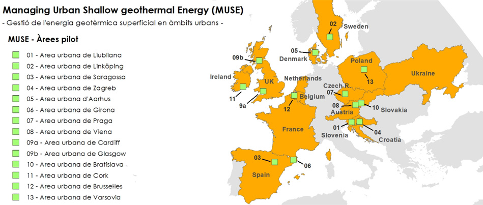 Mapa con la localización de las áreas urbanas piloto repartidas en 12 estados miembros de la UE en las que se realizaran trabajos de evaluación del potencial geotérmico superficial
