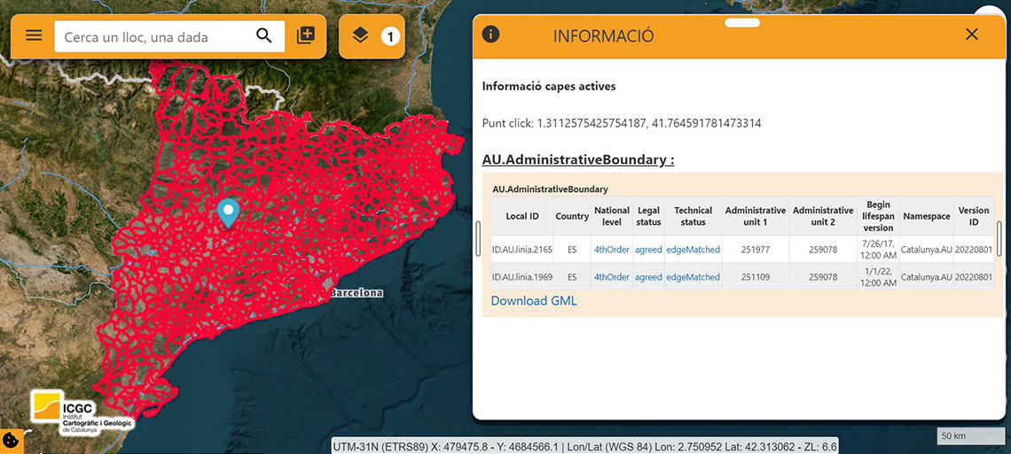 Captura de pantalla amb un mapa de límits administratius de Catalunya i una taula amb la informació associada.