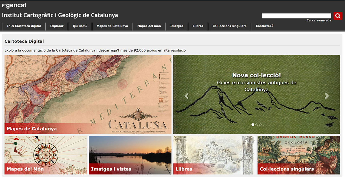 Captura de pantalla de la pàgina principal de la Cartoteca digital, que dona accés a les col·leccions Mapes de Catalunya, Mapes del món, Imatges i vistes, Llibres, Col·leccions singulars  i a la nova col·lecció Guies excursionistes antigues de Catalunya.