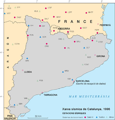 Mapa d'estacions sísmiques de Catalunya