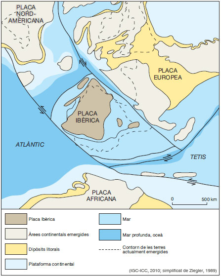 Figura 8: Restitució de la Placa Ibèrica fa 100 Ma, a finals del Cretaci inferior