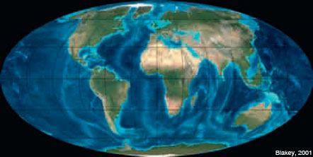 Figura 13: La configuración de la Tierra hace 20 Ma ya era muy similar a la actual. El extenso golfo de Tetis ha quedado convertido en un mar interior.