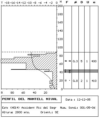 Sondeig i perfil estratigràfic realitzats el dia 12 de desembre a la zona de sortida de l'allau.