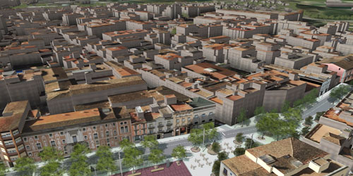 Representació d'un model 3D d'una zona urbana.